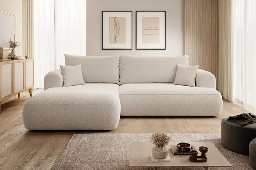 Selsey Ecksofa mit Schlaffunktion Ovo - Beiges Ecksofa mit Schlaffunktion und Bettkasten, modernes Design, ideal für Wohn- und Gästezimmer. Maße: 260x93 cm.