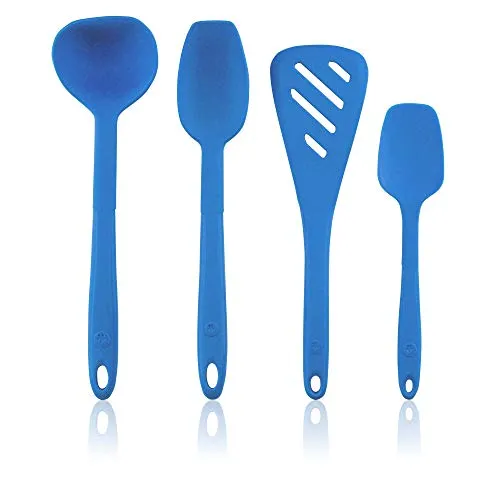 Kochblume Küchenhelfer-Set - Designwender S & Soßenlöffel S & Schöpfkelle S & Flexlöffel S 4er Set | Premium-Silikon | Hitzbeständig | Spülmaschinenfest | Farbe: blau