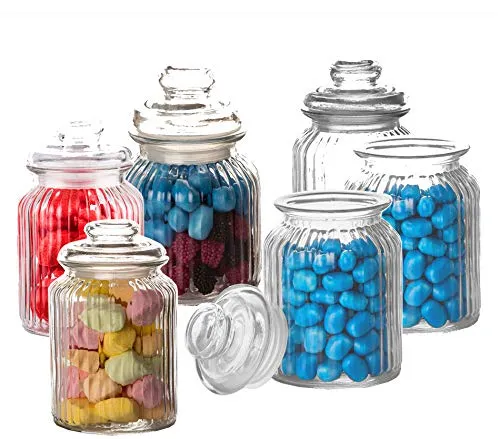 BigDean 6x Bonbongläser - Vintage Vorratsgläser für Süßigkeiten & Gewürze - 6x 1 Liter Vorratsgläser aus dickem Glas mit Vintage-Deckeln, ideal für Süßigkeiten, Kekse und Kräuter. Der abdichtende Gummiring schützt Ihre Schätze vor Luft und Feuchtigkeit.
