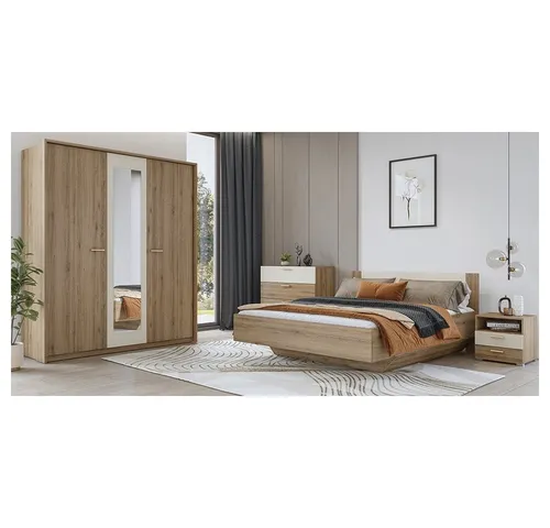 Lomadox Schlafzimmer-Set VARESE-83, (Spar-Set, 4-tlg., Kleiderschrank Passepartout Rahmen Bettgestell Kommode Nachtkommode), Eiche mit beige modern 180x200cm Liegefläche goldfarbene Griffe