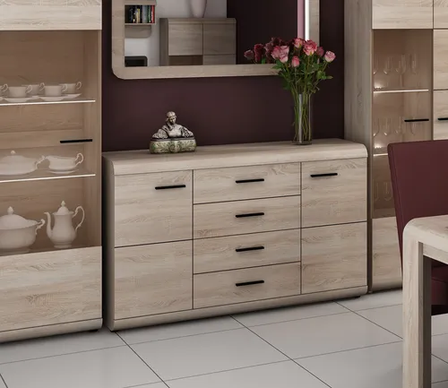 Moderne Sideboard Kommode 140cm Eiche Sonoma - Stylisches Sideboard in Holzoptik mit 4 Schubladen und Türen, ideal für Wohnzimmer, Flur oder Schlafzimmer. Bietet viel Stauraum und passt perfekt in moderne Wohnräume.