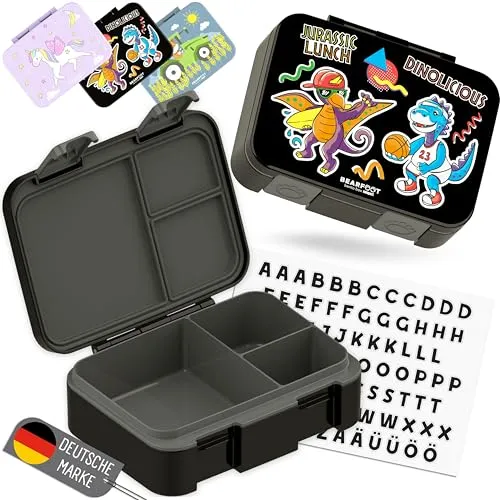 BEARFOOT Bento Box COMPACT | BPA-freie Kinder Brotdose für Schule & Kindergarten | Auslaufsichere Lunchbox für Mädchen & Jungen | Praktisch, leicht & kompakt (Dinos-schwarz, 650ml)
