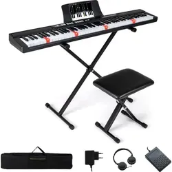 COSTWAY 88-Tasten E-Piano, Keyboard, Digitalpiano mit Ständer & Hocker, Volltastatur mit Tasten, beleuchtete Tasten, MIDI-Funktion, Schwarz
