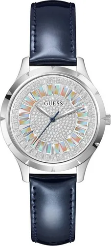 Guess Quarzuhr Glamour - Elegante Damenarmbanduhr - Armbanduhr für Damen mit elegantem silbernem Ziffernblatt und robustem Edelstahlgehäuse. Das blaue Lederarmband sorgt für einen stilvollen Look und hohen Tragekomfort.