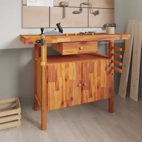 The Living Store Werkbank mit Schubladen Schraubstöcken 124x52x83 cm Akazienholz