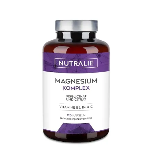 Magnesium Glycinat + Citrat Komplex 2145mg Kapseln | Vitamin B5 B6 C Magnesiumcitrat, Vegan Magnesium Kapseln, 120 Kapseln Vegan Nutralie