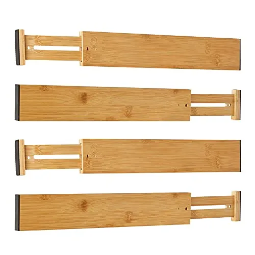 Schubladentrenner aus natürlichem Bambus Schubladenteiler Verstellbar (43-56 cm), gefedert Schubladen Ordnungssystem Drawer Organizer für Küche, Badezimmer, Schlafzimmer, Kommode und Büro, 4er-Set