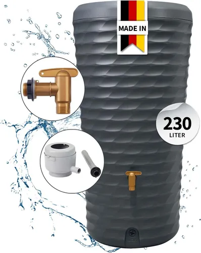 4rain Jolie 2in1 Regentonne 230 Liter graphite grey - Regenwasserzisterne mit modernem Design und 230 Litern Volumen. Inklusive Auslaufhahn und Fallrohranschluss für nachhaltige Gartenbewässerung und einfache Handhabung.