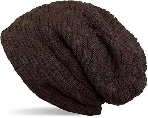 styleBREAKER Feinstrick Longbeanie Mütze mit Flecht Muster und warmem Fleece Innenfutter | Winter Strickmütze Unisex elastisch weich bequem warm, Farbe:Dunkelbraun