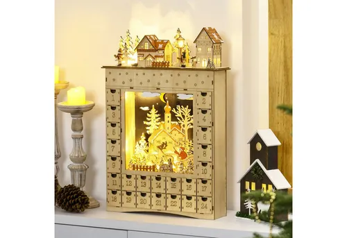HOMCOM Adventskalender zum Befüllen mit LED-Lichtern - Dekorativer Adventskalender aus Holz mit 24 Schubladen zum Befüllen und batteriebetriebenen LED-Lichtern für eine gemütliche Weihnachtsstimmung. Ideal für Erwachsene und Kinder.