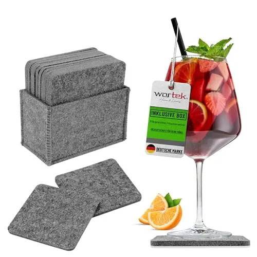 wortek Filzuntersetzer eckig für Gläser – 10er Set mit Aufbewahrungsbox, Glasuntersetzer für Getränke, Tassen, Bar, Glas - Ø 10cm Tischuntersetzer Untersetzer Gläser grau