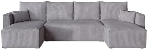 BROMARKT Ecksofa mit Schlaffunktion Sofa Cord Eckcouch mit Bettkasten Wohnzimmer Möbel U Form Couch dreisitzer Kissen groß 305x145x74 cm Schlafsofa Wohnlandschaft TOP U Hellgrau