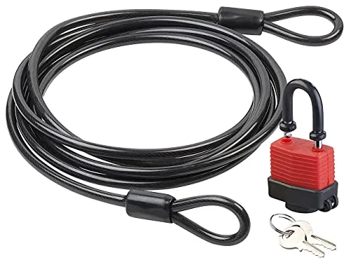 AGT Fahrradschloss Seil: Wetterfestes Profi-Stahlseil mit Vorhängeschloss, ummantelt, 5m, Ø 1cm (Fahrradschloss Stahlseil, Schloss, Drahtseil)