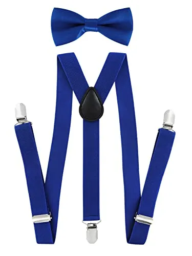 axy Kinder Jungen Hosenträger-Y Form 2,5cm breit mit Fliege - 3 Stabile Clips für Kinder 7-12 Jahre alt (Blau)