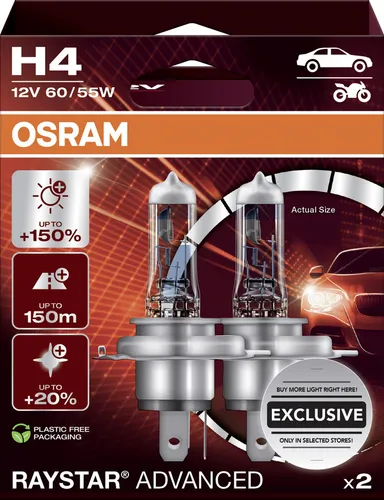Osram Scheinwerferlampe H4 Raystar Advanced 2.0 - 2 Stück - Autobeleuchtungen: Hochwertige Halogen-Scheinwerferlampe für optimale Sicht und Sicherheit beim Fahren, ideal für Nachtfahrten.
