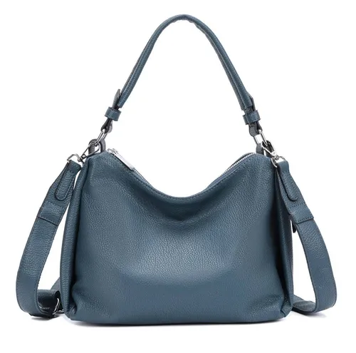 ITALYSHOP24 Schultertasche Damen - Elegante Umhängetasche in Jeansblau - Schultertaschen für Büro und Freizeit, inklusive 2 Gürtel und verstellbarem Schulterriemen für optimalen Tragekomfort.