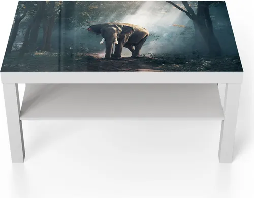 DEQORI Couchtisch 90x55 cm Weiß 'Elefant im Wald' Glas Beistelltisch