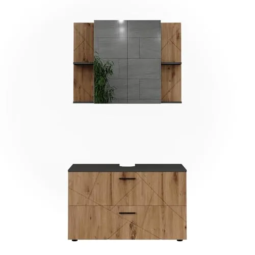 Vicco Badmöbel-Set Irma Anthrazit/Artisan - Elegantes Badmöbel-Set mit Waschbeckenunterschrank und Spiegelschrank. Ideal für eine optimale Raumnutzung und modernes Design - perfekt organisiert für Ihr Badezimmer.