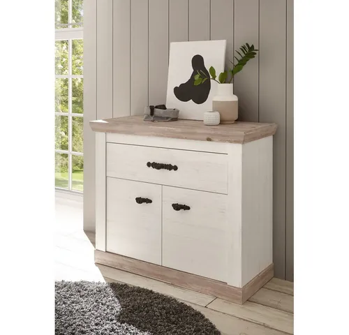 Lomadox Kommode FERNA-61, weiß Pinie Nb. und Pinie dunkel Nb., 1 Schublade 2 Türen 107/89/45 cm
