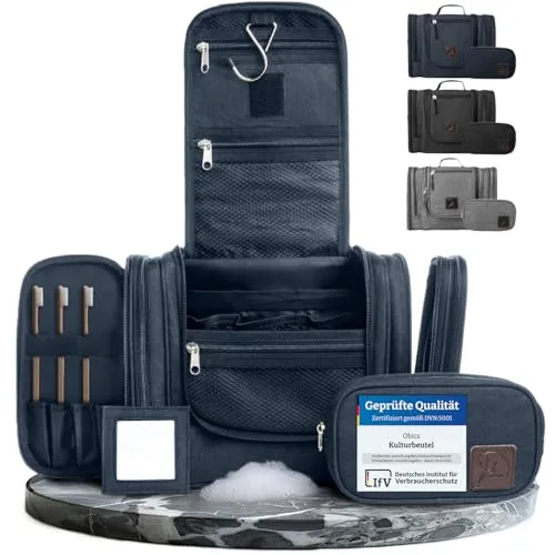 Obics Kulturbeutel XXL 8 Liter - Set für Damen & Herren, Blau - Kulturbeutel mit 10 Fächern, wasserabweisend und schnell trocknend. Ideal für Reisen, mit Aufhängemöglichkeit und Trolleybefestigung.