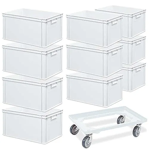 BRB 10 Euroboxen mit Griffleisten und Transportroller - Transportboxen aus robustem Polypropylen, stapelbar mit 2 Griffleisten, inklusive 1 Transportroller für einfache Mobilität.