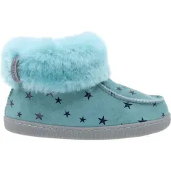 Vanuba Kinder Hausschuhe Peppin in Gr. 26-35, türkisfarbenes Leder Sterne, Handmade Hüttenschuhe aus natürlichem Lammfell- Gr. 33 EU - 33