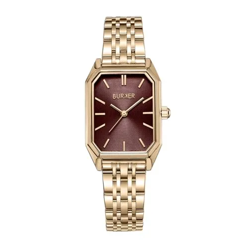 BURKER Damenuhr Isabell, Rechteckiger Damen Armbanduhr Gliederarmband Edelstahl Analog Quarz 3-ATM Wasserdicht - 36 mm - Gold Burgundy