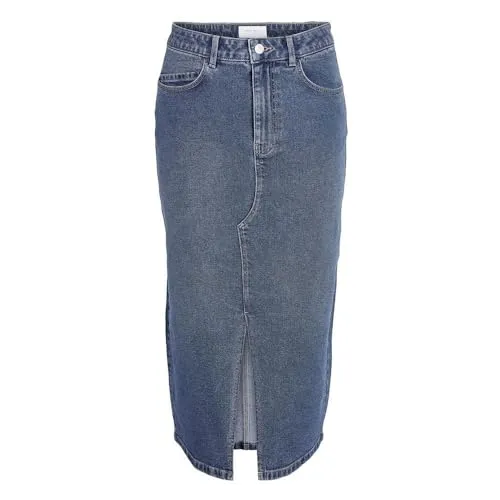 NOISY MAY Damen NMKATH NW Slit MIDI Skirt - Moderner Rock in Medium Blue Denim - Röcke für Damen, Midi-Länge mit Frontschlitz und Gürtelschlaufen für einen trendigen Look