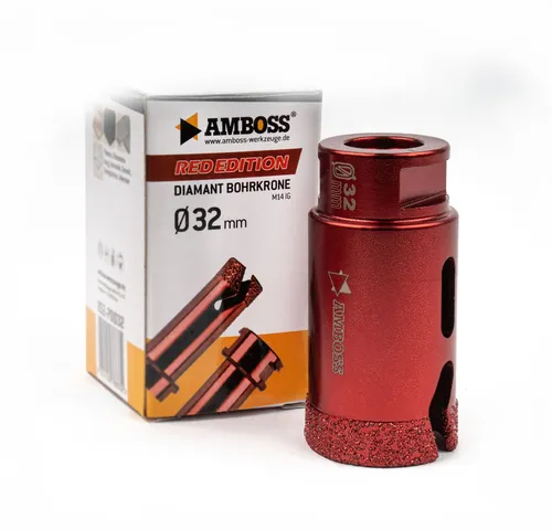Amboss Red Edition Diamanttrockenbohrer 32 mm - Lochsäge für Trockenschnitt, ideal für harte Materialien wie Feinsteinzeug und Granit. Optimierter Diamantbelag sorgt für höchste Standzeit und einfache Handhabung.