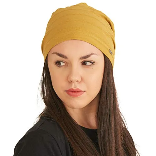 CHARM Leichte Sommer Mütze für Damen - Herren Slouchy Mütze Stretchy Slouch Strickmütze aus 100% Baumwolle Chemo Hut Mustard L