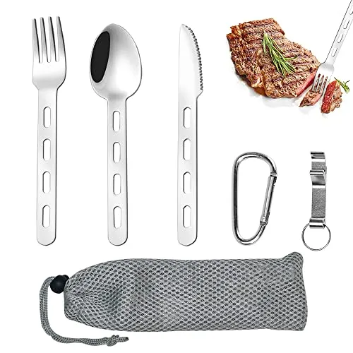 REFORUNG 5 Stück Campingbesteck Outdoor Reisebesteck Edelstahl Besteckset Camping-Utensilenset Tragbare Picknick Besteck mit Löffel, Messer, Gabel, Flaschenöffner, Tragetasche für Outdoor und Reisen