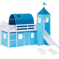 Homestyle4u Hochbett, Blau-Weiß, 90x200 cm - Abenteuerliches Kinderhochbett aus Kiefer mit Rutsche, Turm und Tunnel. Inkl. Lattenrost und Matratze für sicheren Schlaf und Spielspaß im Kinderzimmer.