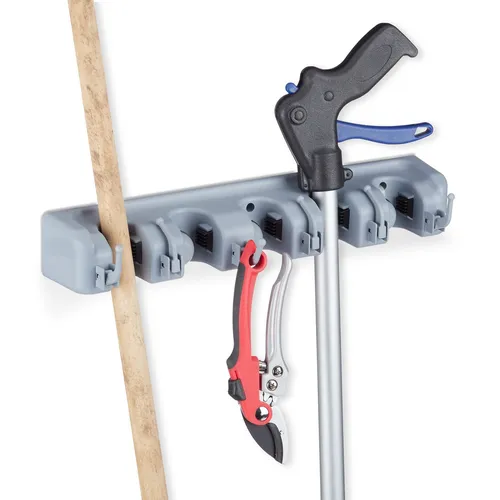 Gerätehalter Wandhalterung - Besenhalterung und Wandhakenleiste - Praktische Werkzeughalter für Ordnung, 40 cm breit, aus robustem Kunststoff, ideal für Garage oder Haus, hält Besen und Geräte sicher.