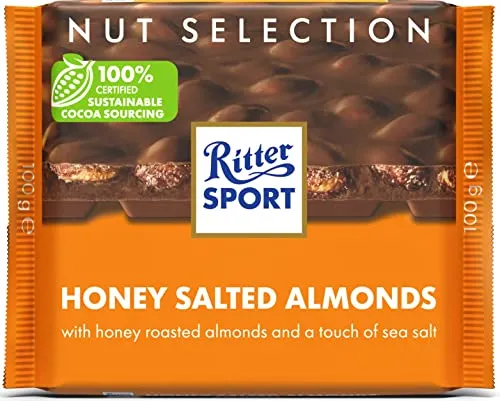 RITTER SPORT Nuss-Klasse Honig-Salz-Mandel, 100 g, Nussschokolade mit ganzen Mandeln, süßem Honig & einer feinen Salznote, leckere süß-salzige Schokolade