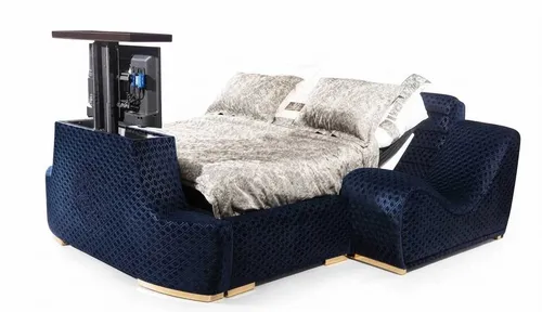 Luxus Multifunktionsbett Blau Textil Holz 180x200 Modern
