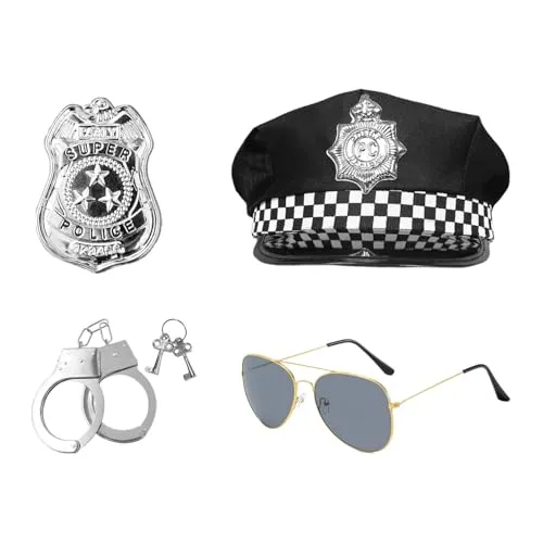 ZBHDEYG 4-teiliges Polizei-Verkleidungsset, simulierte Polizeihandschellen, Handschellenspielzeug für Kinder, Polizeimützen, Abzeichen, Polizeispielrequisiten, Polizeirollenspielrequisiten