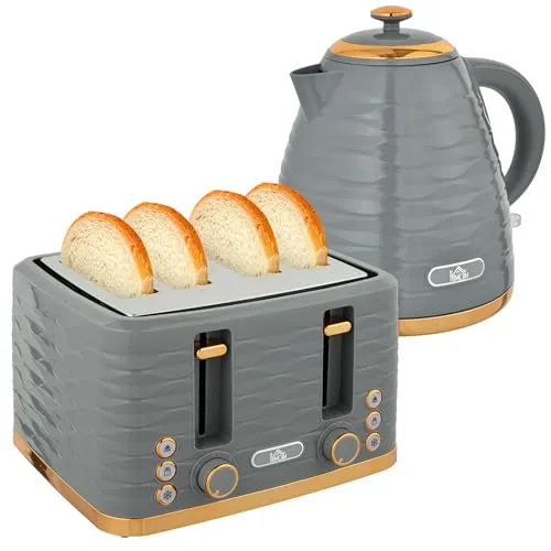 HOMCOM Wasserkocher Toaster Set - 1,7L Wasserkocher und 4 Scheiben Toaster, 2200W, 7 Bräunungsstufen für perfekten Toast und stilvolles Design