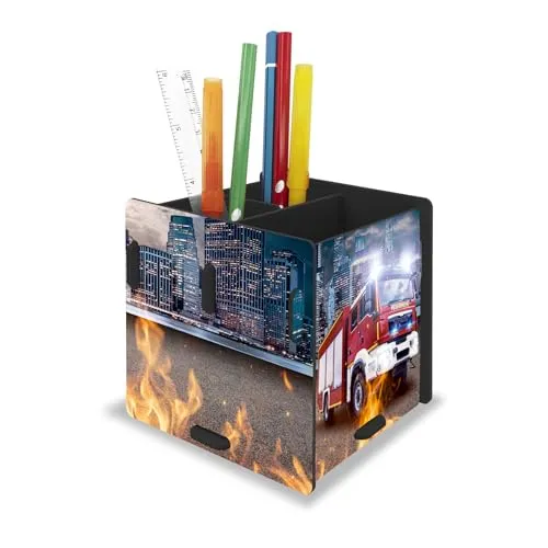 itenga Stifteköcher mit Motiv zum Zusammenstecken - 3 Fächer - Stiftehalter Kinder Schüler Schreibtisch Organizer Stiftebox - 10x 10 x 9,5cm (Motiv Feuerwehr)