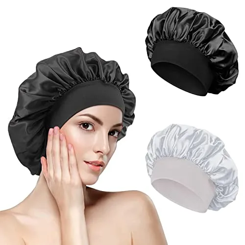 Stück Nachtmütze aus Satin mit breitem Stretchband, Kopfbedeckung, Satinmütze, elastische Seide, für Damen und Mädchen (Schwarz, Weiß) 2