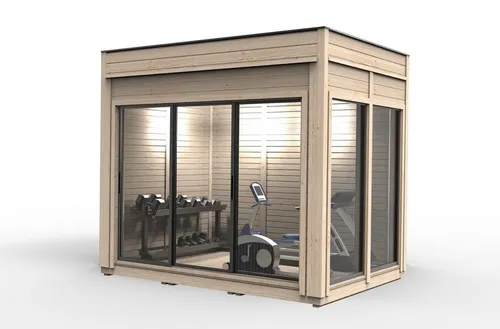 Gartenhaus Camping Holzhaus – Freizeithaus aus Holz - Kompaktes Gartenhaus aus Kiefernholz mit modernem Flachdach. Ideal für die Freizeitgestaltung, inklusive 5 Fenstern und 1 Tür. Maße: 3,5 x 2,4 x 3,18 m. 2 Jahre Herstellergarantie.