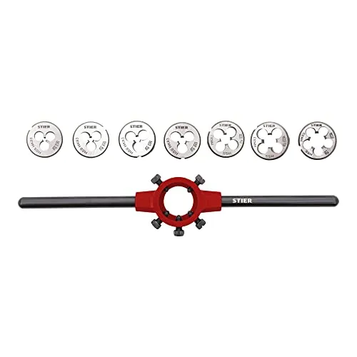 STIER Schneideisen-Satz HSS 25x9 M3-M12 - 8-tlg. Set in stabiler Kassette - VIELSEITIG: 8-tlg. Schneideisen-Set für präzises Gewindeschneiden, inklusive stabiler Metallkassette für sicheren Transport und Lagerung. Ideal für den professionellen Einsatz.