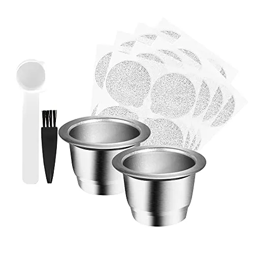 CENPEK Nachfüllbare Kaffeekapseln, Edelstahl, Nes-Presso Pods, kompatibel mit Nes-Presso Maschinen (2 Tassen + 100 Deckel)