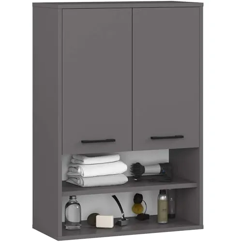 Badezimmer-Hängeschrank FIN Graphitgrau 64 cm - Platzsparend & stilvoll - Badezimmerschrank mit 2 Türen und 4 Regalböden, ideal für kleine Bäder. Robust und feuchtigkeitsbeständig, bietet er viel Stauraum für Kosmetik und Handtücher.