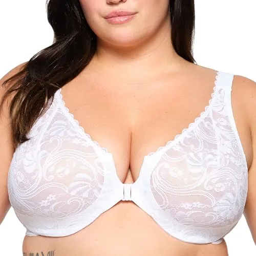 WonderWire Vorderverschluss-BH mit Stretch-Spitze und Bügel, Weiß, 65G