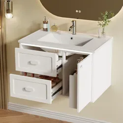 Waschbeckenunterschrank Hängend Modern Weiß 76x46x51 Cm Mit Keramikbecken, Led-radarsensor, 2 Schubladen Und 1 Tür