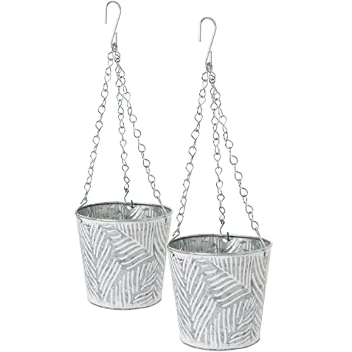 Hängeampel aus verzinktem Stahl 2er Set, langlebige Blumenampel für Innen und Aussen Hängepflanze, Hängetopf für Pflanzen 3D -Obenflächenstruktur im Palmwedel, Ohne Löcher, Witterungsbeständig