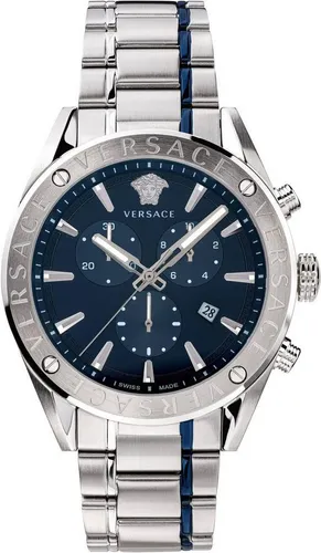 Versace VEHB00519 V-Chrono Herren Uhr - Blau Silber Edelstahl - Armbanduhr für Herren, exquisite Verarbeitung aus Edelstahl und sportliches Design, perfekt für jeden Anlass.