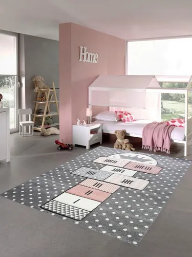 Carpetia Kinderteppich Hüpfspiel rosa grau - Flachgewebe-Teppich mit modernem Design für Kinderzimmer, regt die Fantasie an und ist pflegeleicht sowie allergikerfreundlich.