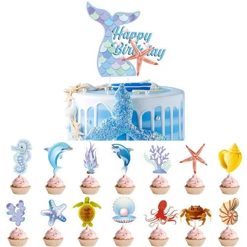 Meerjungfrau Tortendeko, 15 pcs cupcake topper kindergeburtstag deko,Ozean Meerestier muffin deko, happy birthday tortendeko für Kinder,Mädchen, Babydusche Party