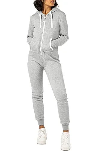 Eight 2 Nine Damen Sweat Overall Einteiler Onesie Light-Grey L/XL - Jumpsuits für Damen, super bequemer Sweat Overall mit flauschigem Innenfutter und praktischen Details wie Reißverschluss und Kängurutasche für ultimativen Komfort.